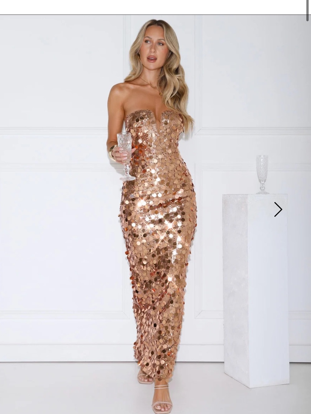 Strapless Rose Gold Sequin Column Dress